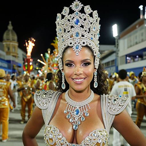Photograph of a smiling Black woman with dark skin, wearing an elaborate silver and blue tiara, necklace, and shoulder armor, in a vibrant,