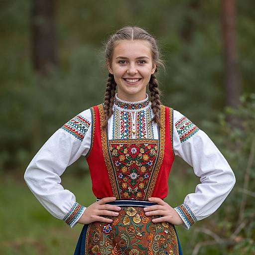 Photograph of a smiling young woman with braided hair, wearing a traditional Eastern European embroidered red dress and white blouse, standing in a forest.