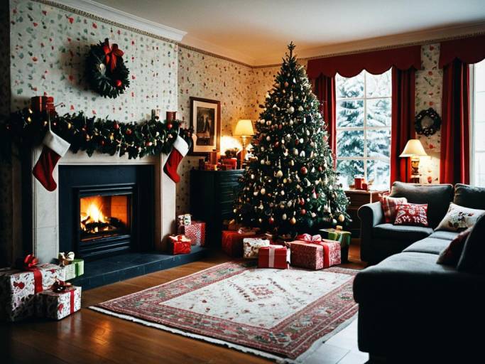 Cozy Christmas Room with Tree and Fireplace