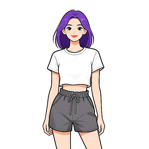 Digital anime-style drawing of a young woman with purple hair, wearing a white crop top and black shorts, standing against a white background.