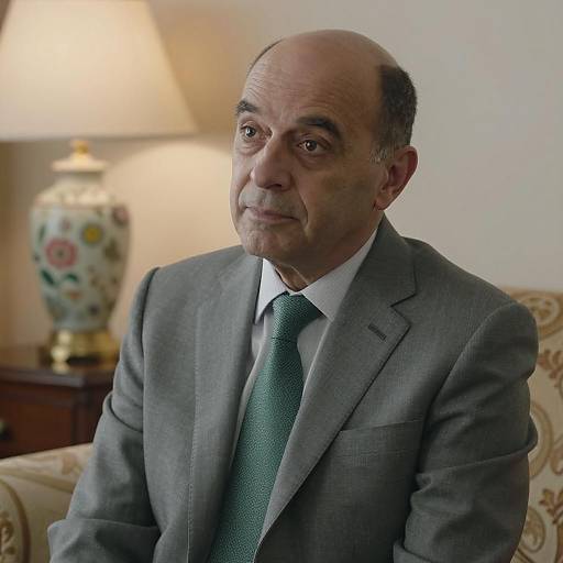 Middle-aged Man in Gray Suit with Green Tie Indoors