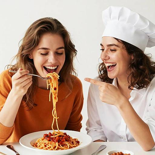 Photograph of a laughing brunette woman in an orange sweater and curly-haired brunette chef in white uniform eating spaghetti together.