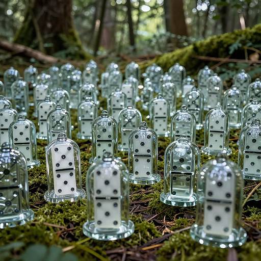 Photograph of numerous clear glass domes encasing white dice with black pips, scattered on moss-covered forest floor, surrounded by tall trees.