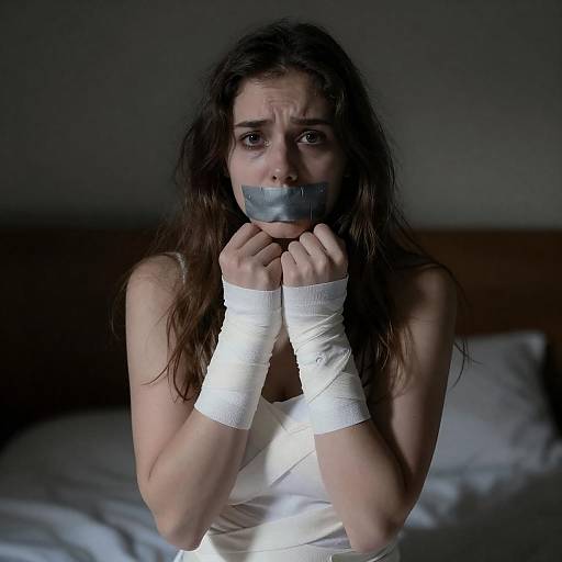 Anxious Woman Bound in Dim Room