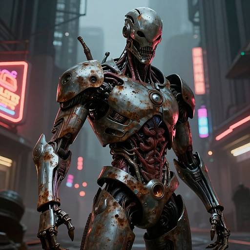 Cybernetic humanoid robot with rusted, metallic armor stands in a neon-lit, foggy futuristic city street, glowing signs in background.
