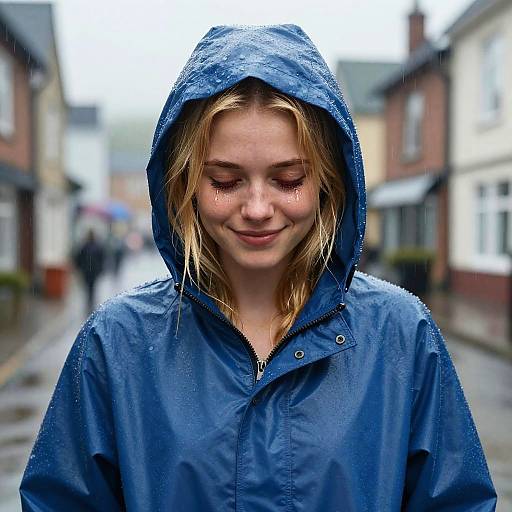 Blonde Girl in Rainy Town Setting