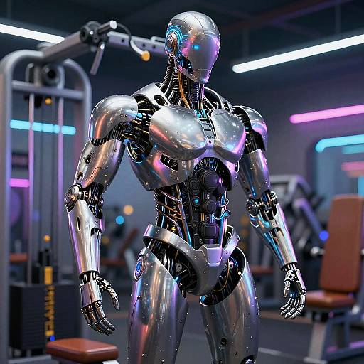 Photorealistic CGI of a shiny, silver humanoid robot with reflective surfaces, standing in a modern, neon-lit gym with workout equipment.