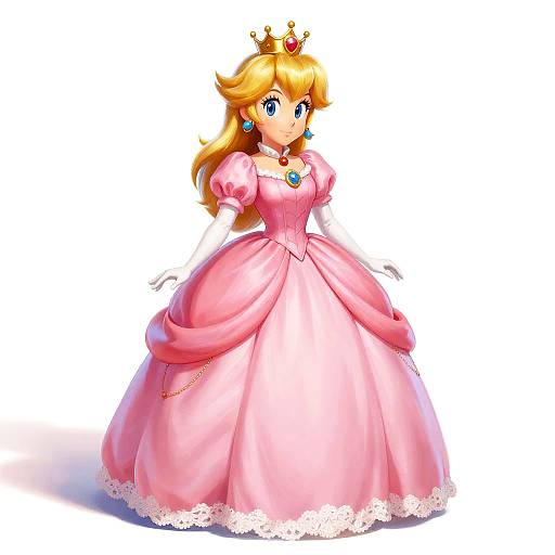 Digital illustration of Princess Peach from Mario series, wearing a pink ball gown, gold crown, blue earrings, and white gloves, standing against a white background