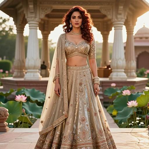 Photograph of a beautiful Indian woman with long curly red hair, wearing a gold-embellished traditional lehenga and dupatta, standing in a