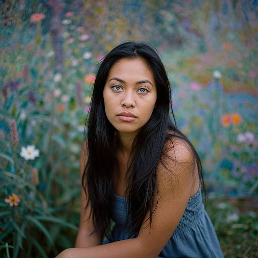 Photograph of a young woman with long black hair, brown eyes, and medium skin, wearing a gray sleeveless dress, leaning forward in a colorful