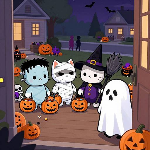 Cute Kittens Trick-or-Treating Scene