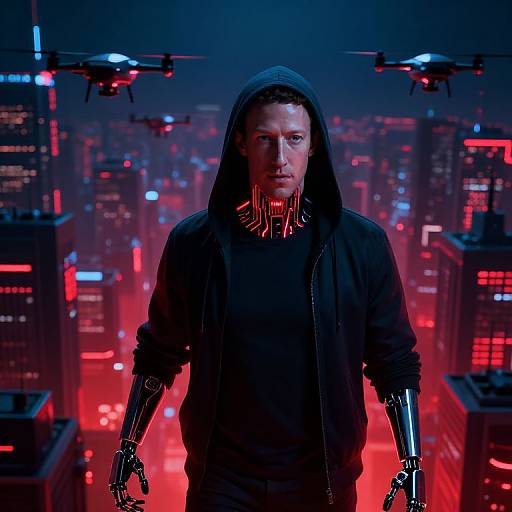 Photograph-style CGI of a serious, hoodie-wearing man with cybernetic arms in a neon-lit, drone-filled futuristic cityscape at night