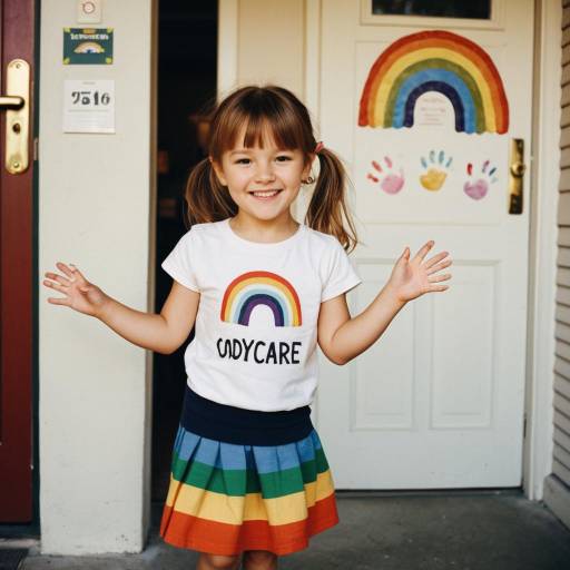 Smiling Toddler Girl in Rainbow Outfit at Daycare Doorway