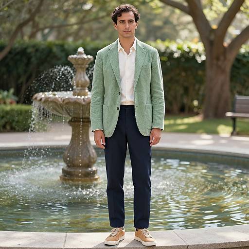 Photograph of a young man with dark hair, light green blazer, white shirt, dark pants, and tan shoes, standing in front of a
