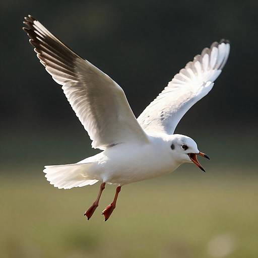 Seagull in Flight Over Grassy Field