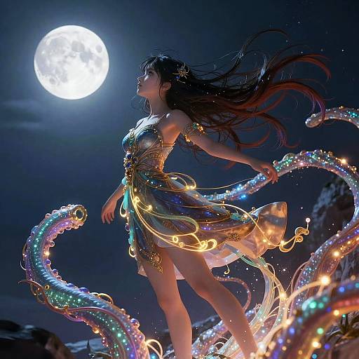 Anime Girl with Glowing Tentacles under Moonlit Sky