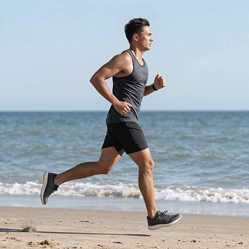 Photograph of a muscular Asian man in a dark gray tank top and black shorts running on a sandy beach with gentle waves in the background.