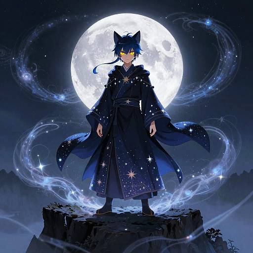 Mystical Cat Boy on Moonlit Cliff