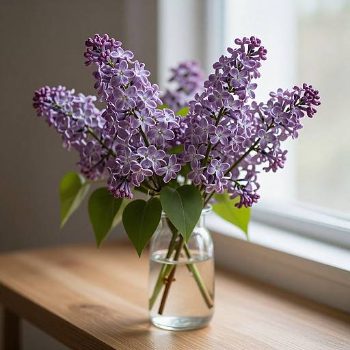 Photograph of a clear glass vase with vibrant purple lilacs and green leaves, placed on a wooden windowsill, bathed in natural light.