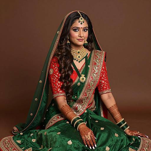 Indian Bride in Traditional Green and Red Saree