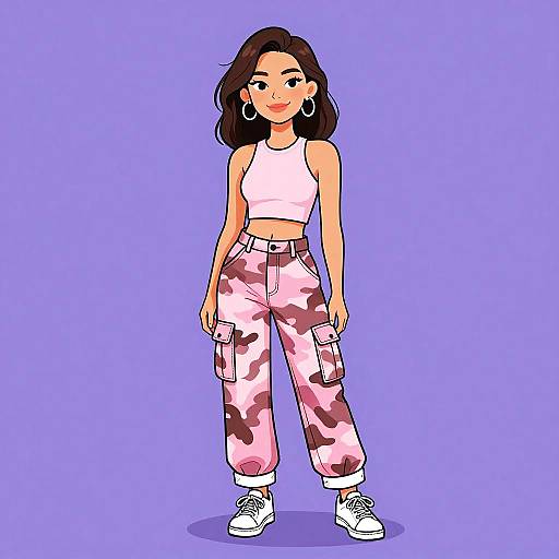 Digital illustration of a young woman with medium brown skin, black wavy hair, wearing a white crop top, pink camo pants, white sneakers,
