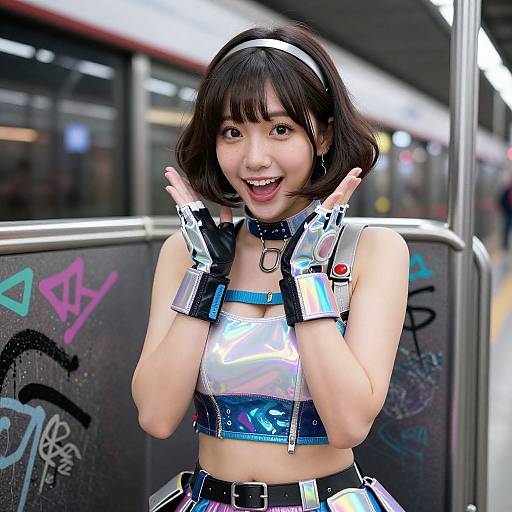 Photograph of a smiling Asian woman with short black hair, wearing a shiny blue and white crop top, silver gloves, and a collar, standing by