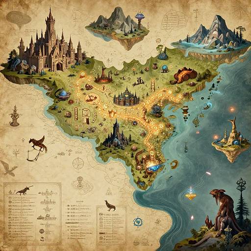 Fantasy map illustration: Detailed, colorful landscape with medieval castles, floating islands, glowing pathways, mythical creatures, and intricate annotations on a parchment background