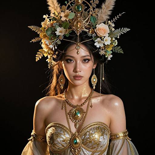 Photorealistic digital artwork of an Asian woman with fair skin, wearing an ornate, gold and green floral headdress, and an elaborate, strap