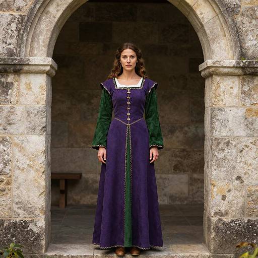 Woman in Medieval Green and Purple Dress in Stone Archway
