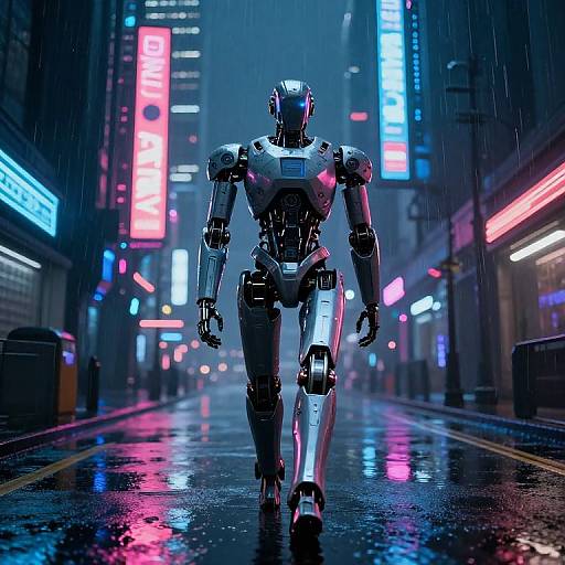Cyberpunk photograph: Silver humanoid robot walks down rain-soaked, neon-lit city street at night. Vibrant blue, pink, and red