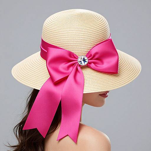 Photograph of a woman in profile wearing a wide-brimmed, cream-colored straw hat with a large, vivid pink satin bow and a small white