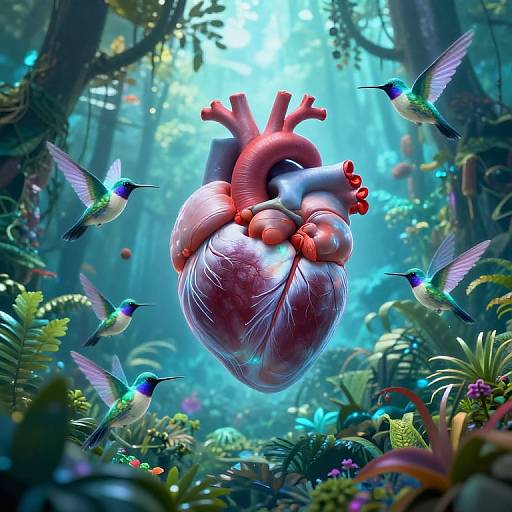Digital art of a glowing, anatomical heart with red arteries floating in a vibrant, lush jungle, surrounded by colorful hummingbirds.