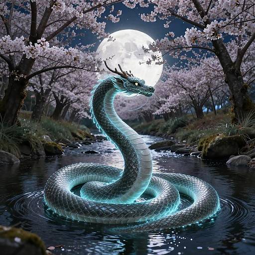 Bakunawa Serpent Dragon in Moonlit Sakura