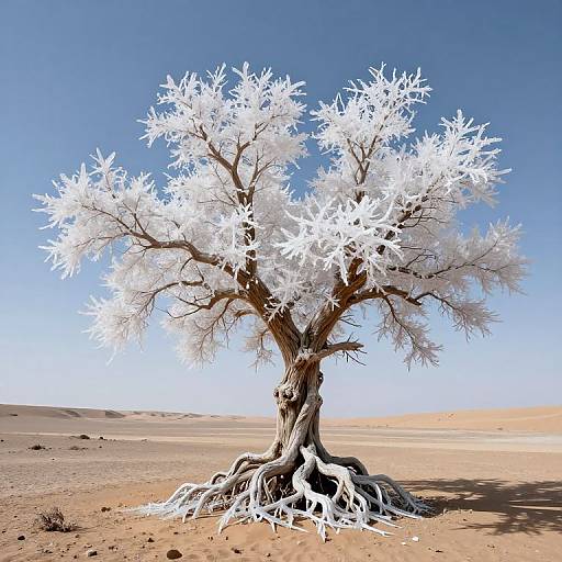 Photograph of a stark, white-frosted tree with exposed roots standing alone in a desert under a clear, bright blue sky.
