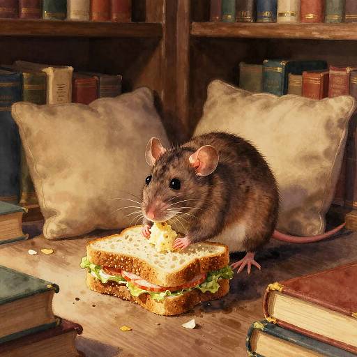 Photorealistic digital painting of a brown rat eating a sandwich on a wooden table, surrounded by books and pillows in a cozy library.