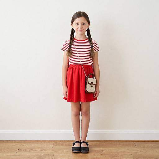 Photograph of a young girl with braided brown hair, wearing a red-and-white striped shirt, red skirt, black Mary Jane shoes, and a