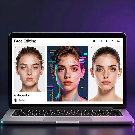 Digital image of a laptop displaying three realistic, digitally edited faces with facial features superimposed on a white background.
