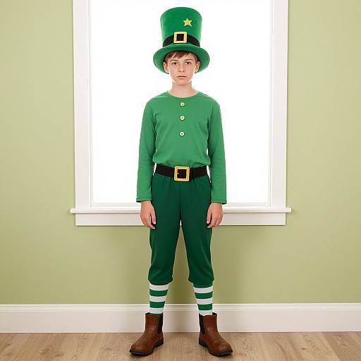Photograph of a young boy in a green leprechaun outfit with tall hat, black belt, striped socks, and brown boots, standing in