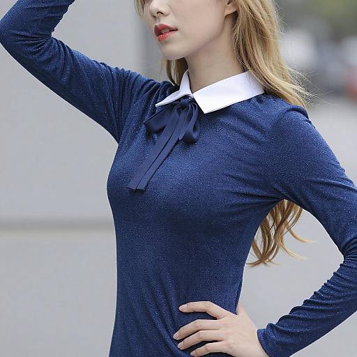 Blonde Asian Woman in Blue Glittery Top