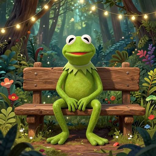 Digital illustration of Kermit the Frog, green with white eyes, sitting on a wooden bench in a magical forest, surrounded by glowing fairy lights and colorful