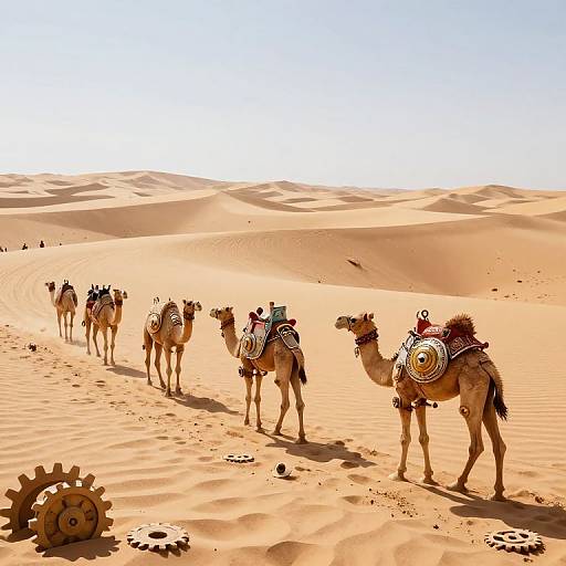 Photograph of six camels with colorful saddle blankets, standing in a sunlit, undulating desert with scattered gears and rocks.