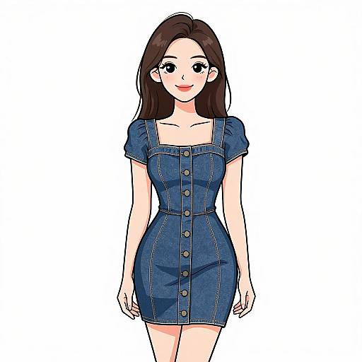 Digital anime-style drawing of a smiling young woman with long brown hair, wearing a blue denim dress with buttons, and short sleeves, standing against a white