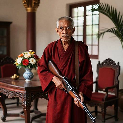 Intense Elder with Rifle in Ornate Room