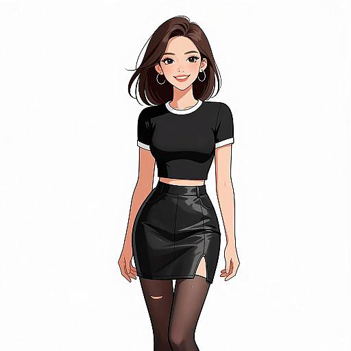 Digital anime-style drawing of a smiling woman with shoulder-length brown hair, wearing a black crop top, black skirt, black tights, and hoop earrings
