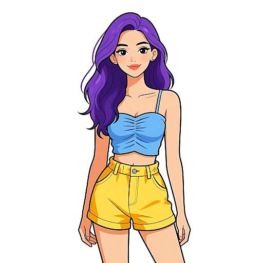 Digital anime-style drawing of a young woman with long purple hair, wearing a blue crop top and yellow high-waisted shorts, smiling against a white