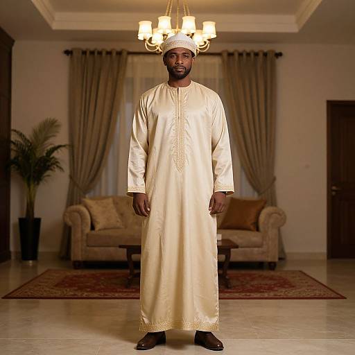 Photograph of a bearded Black man in a cream traditional Arabic dishdasha and white cap, standing in a warmly lit living room with a ch