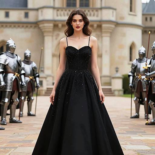 Elegant Woman in Black Gown at Castle Courtyard