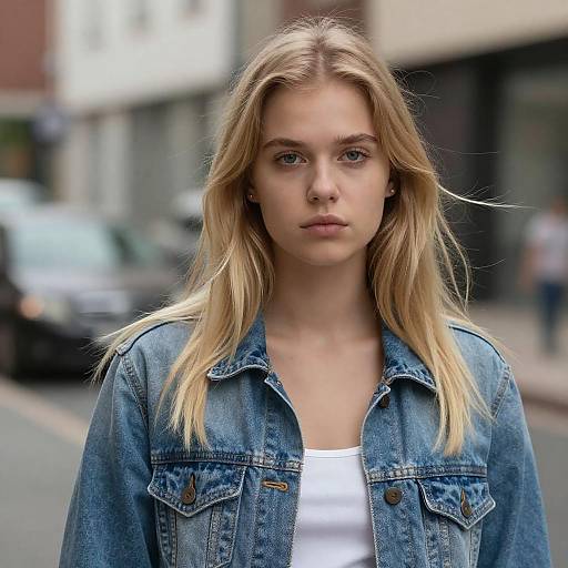 Photograph of a blonde, blue-eyed young woman with straight hair, wearing a denim jacket over a white top, standing on a blurred urban street.
