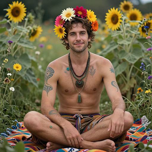 Photograph of a tattooed, shirtless man with curly hair, sunflower crown, and beads, sitting cross-legged on a colorful blanket in a