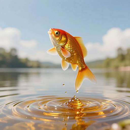 Photograph of an orange goldfish jumping out of clear water, creating ripples, with a bright blue sky and blurred green landscape background.